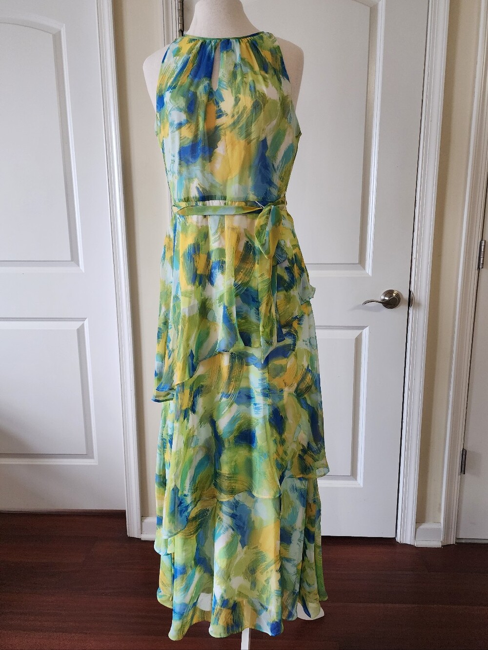Sleeveless Watercolor Tiered Maxi Dress in Green & Blue